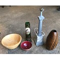 A mixed lot to include Victorian green glass vase with painted ceramic plaque 36.5cms h, tall metal ... 