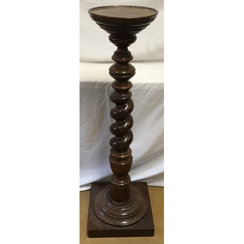 1252 - A mahogany plant stand, circular top barley twist stem on square base. Approx 107 h x 34cms w at bas... 