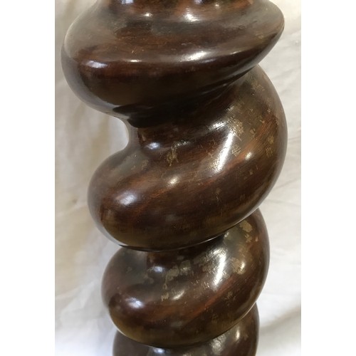 1252 - A mahogany plant stand, circular top barley twist stem on square base. Approx 107 h x 34cms w at bas... 