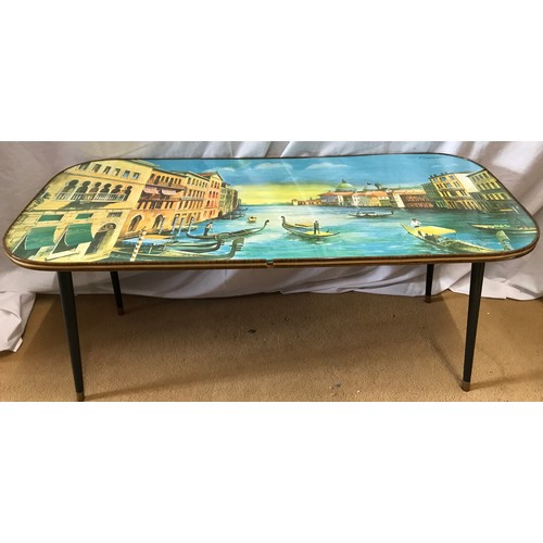 1253 - Mid century coffee table with Vannetti print to top of Venetian scene. 90cms w x 39.5 d x 40cms h.