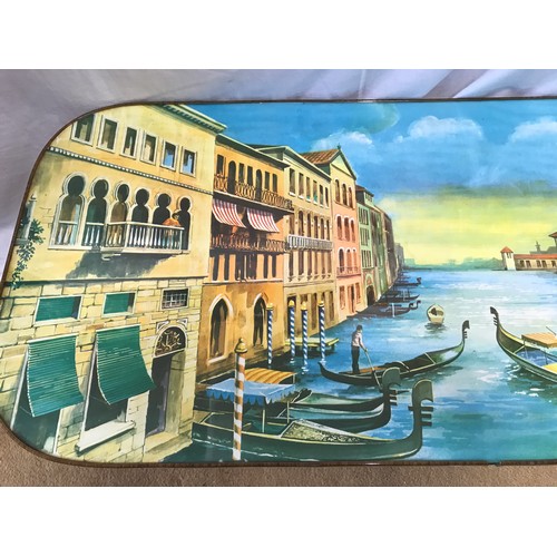 1253 - Mid century coffee table with Vannetti print to top of Venetian scene. 90cms w x 39.5 d x 40cms h.