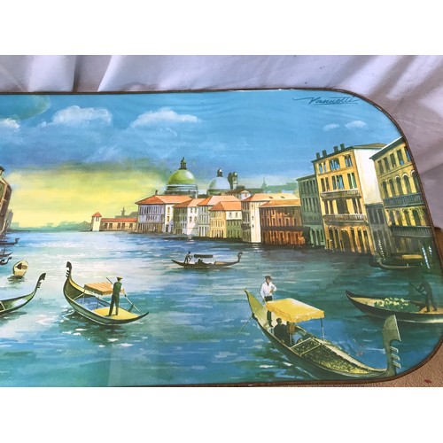 1253 - Mid century coffee table with Vannetti print to top of Venetian scene. 90cms w x 39.5 d x 40cms h.