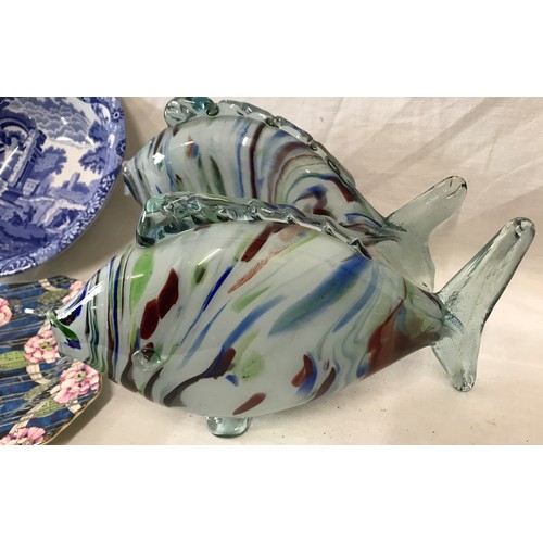 171 - Two Murano coloured fish, approx 26cms l, Copeland Spode Italian bowl, 245cms w. Royal Winton cake s... 