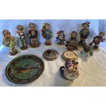 A mixed lot of 9 Hummel figurines. Tallest 14cms h. 2 compacts, small Imari jug, 6cms h and enamelle... 