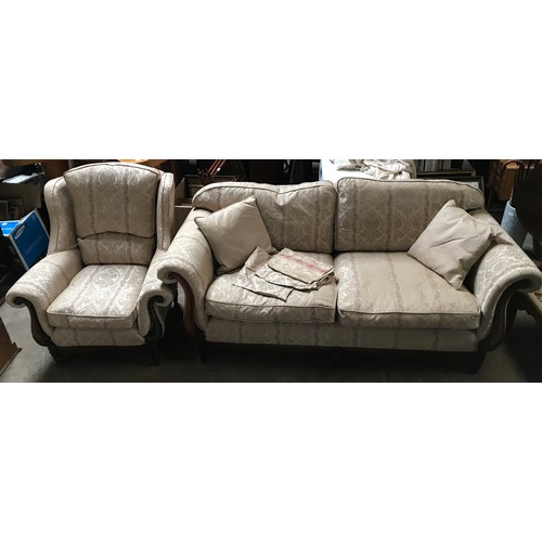 1249 - Medallion Upholstery, mahogany framed scroll arm sofa and wing back armchair, sofa width approx 204c... 