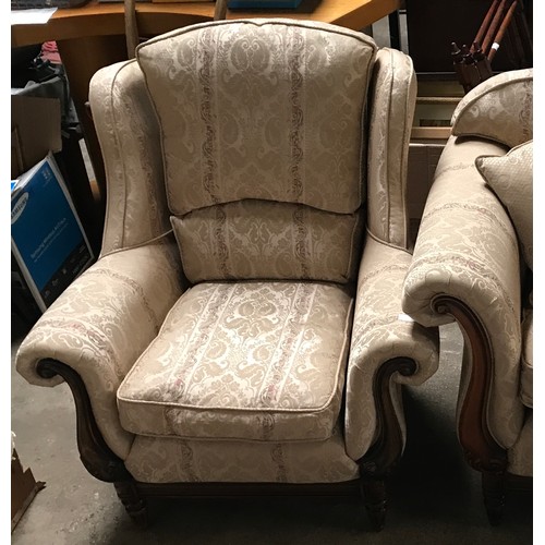 1249 - Medallion Upholstery, mahogany framed scroll arm sofa and wing back armchair, sofa width approx 204c... 