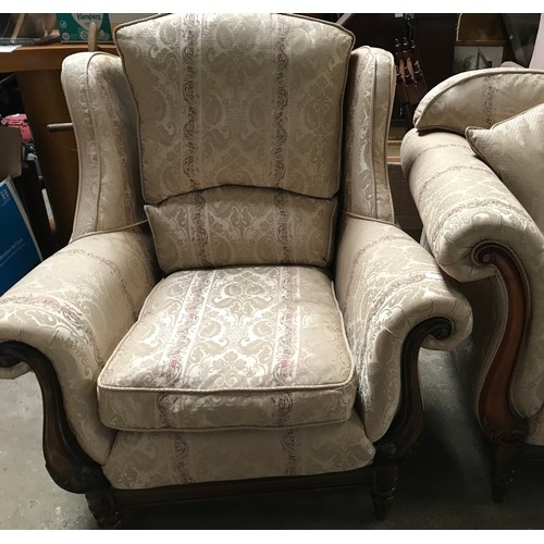 1249 - Medallion Upholstery, mahogany framed scroll arm sofa and wing back armchair, sofa width approx 204c... 