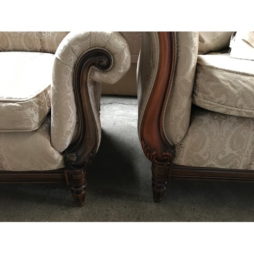 1249 - Medallion Upholstery, mahogany framed scroll arm sofa and wing back armchair, sofa width approx 204c... 