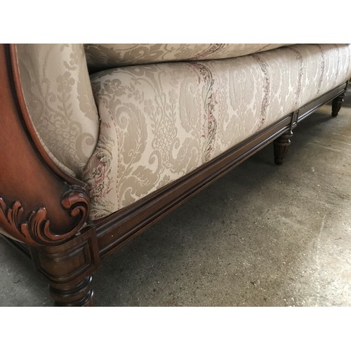 1249 - Medallion Upholstery, mahogany framed scroll arm sofa and wing back armchair, sofa width approx 204c... 