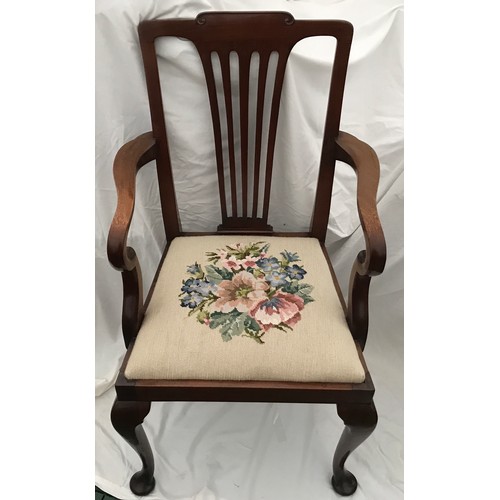 1280 - Mahogany framed arm chair on cabriole legs with tapestry upholstered seat. Height to seat 47cms, hei... 