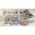 A selection of Victorian pottery decorative plates including Minton, blue and white pottery Spode an... 