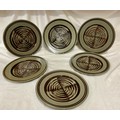 A collection of 6 David Lloyd Jones studio pottery dinner plates 29.5cms d with brown circular swirl... 