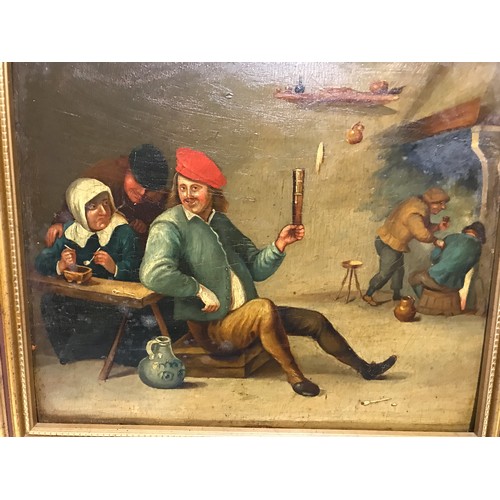 1107 - Unsigned gilt framed oil on board of an interior tavern scene 25.5cms h x 31cms w.