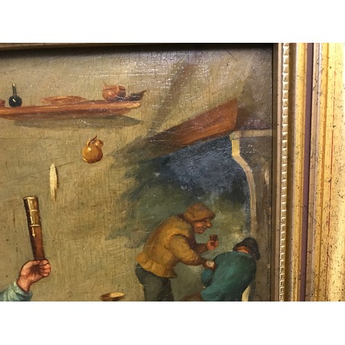 1107 - Unsigned gilt framed oil on board of an interior tavern scene 25.5cms h x 31cms w.