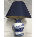 Spode Italian blue and white lamp base with blue shade, height to shade 56cms.