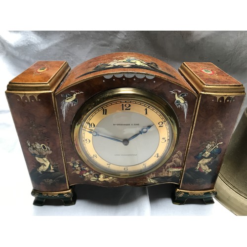 672 - Mixed lot, maple veneered Chinese painted mantle clock, Wm Greenwood and Sons, Leeds and Huddersfiel... 