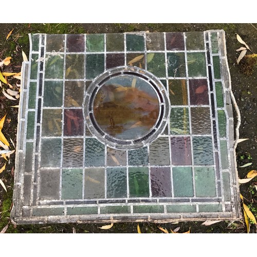 159 - Six coloured leaded glass window panels, largest multicoloured panel 78 x 72cms, one with painted mo... 