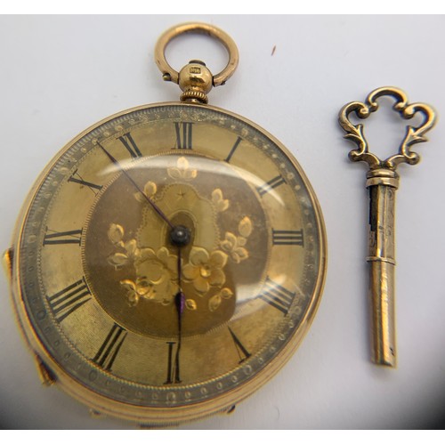 639 - An 18ct gold cased pocket watch with floral decorated face and winding key. 3.5cms d, total weight 3... 