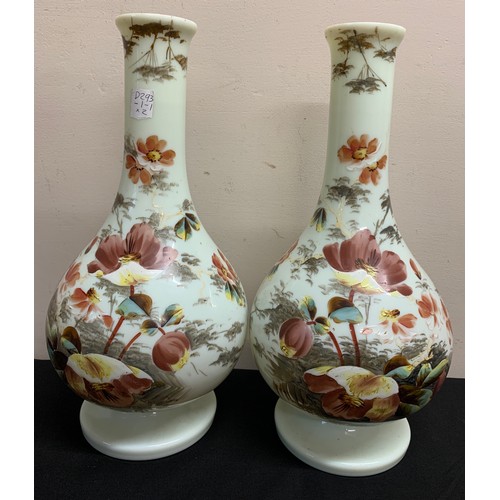 158 - Two 19thC milk glass hand painted vases. 39cms h.