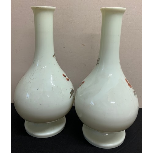 158 - Two 19thC milk glass hand painted vases. 39cms h.