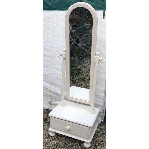 1284 - A painted pine Ducal cheval mirror with drawer to base.   58cms w x 45cms d x 168cms h.