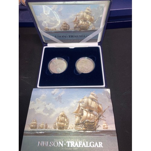 596 - Nelson Trafalgar 200th anniversary two 5 pound crown coin silver proof set.