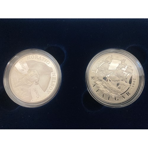 596 - Nelson Trafalgar 200th anniversary two 5 pound crown coin silver proof set.