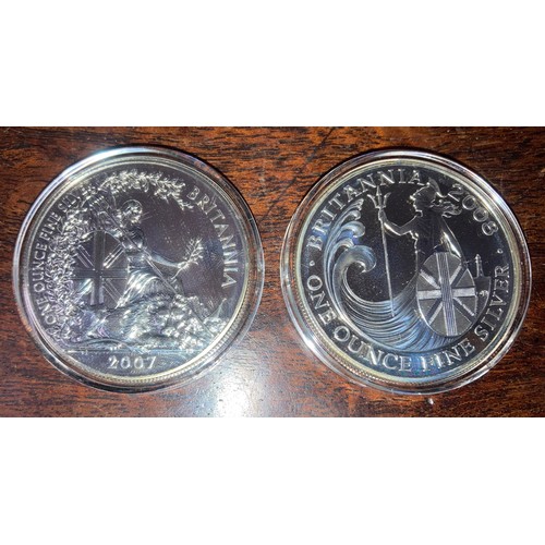 598 - Great Britain Elizabeth II 2007 and a 2008 2 pounds one ounce fine silver coin. (2)