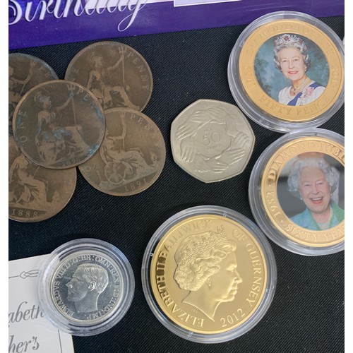 602 - Coinage to include Queen Elizabeth II 80th Birthday crown, diamond Jubilee 50 pence coins, 1996 £2 c... 