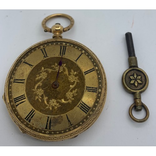 640 - A 19thC 18ct gold cased pocket watch and key. 3.5cms d. Weight 32gms.