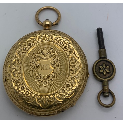 640 - A 19thC 18ct gold cased pocket watch and key. 3.5cms d. Weight 32gms.