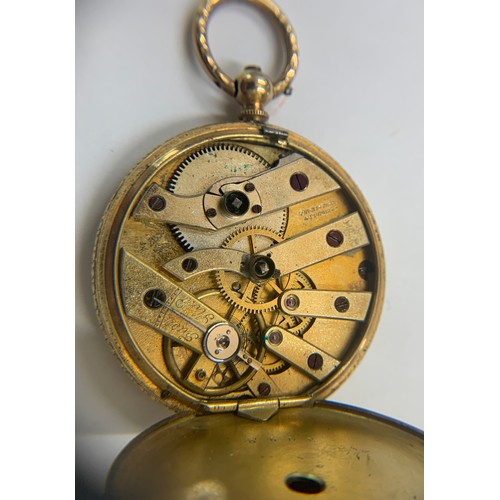 640 - A 19thC 18ct gold cased pocket watch and key. 3.5cms d. Weight 32gms.