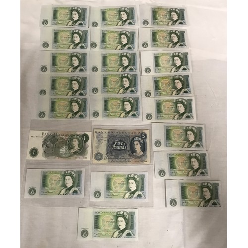 603 - British banknotes comprising one five pound note, 22 x £1 notes D H Sommerset consecutive numbers an... 