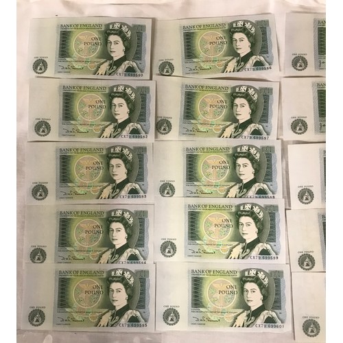 603 - British banknotes comprising one five pound note, 22 x £1 notes D H Sommerset consecutive numbers an... 