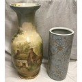 A Victorian large hand painted vase, 65cms h painted with cottage scene and ruin Abbey together with... 
