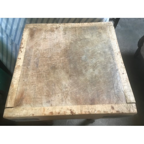 1302 - A square sycamore butcher’s block on oak table base. Block size 62 x 62cms x 16cms h. Overall height... 