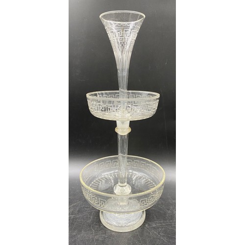 148 - An early 19thC glass sweetmeat dish with trumpet vase to top and Greek key engraving. 39cm h.