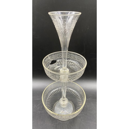 148 - An early 19thC glass sweetmeat dish with trumpet vase to top and Greek key engraving. 39cm h.