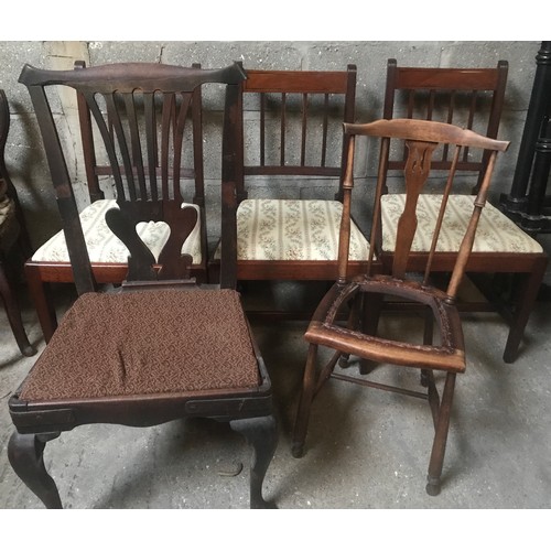 1308 - A set of 3 mahogany square taper leg chairs with inlaid stretcher and drop in seats, one slat back c... 