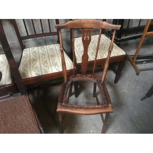 1308 - A set of 3 mahogany square taper leg chairs with inlaid stretcher and drop in seats, one slat back c... 