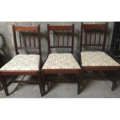 1308 - A set of 3 mahogany square taper leg chairs with inlaid stretcher and drop in seats, one slat back c... 