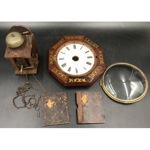 674 - Walnut brass inlaid pendulum wall clock for restoration. Painted wooden face with roman numerals and... 