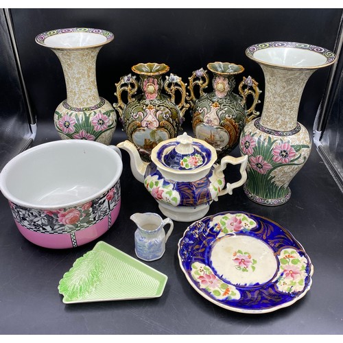 15 - A selection of ceramics to include 19thC lustre plate and teapot, Carlton ware dish, chamber pot, pa... 