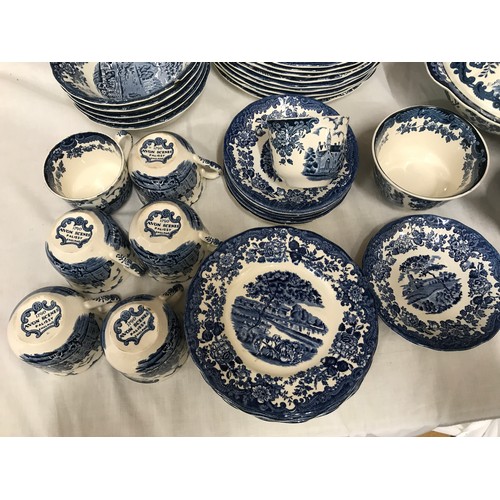 17 - Palissy Avon Scenes blue and white dinner and tea ware comprising of a meat plate 36cms d, 2 x turee... 