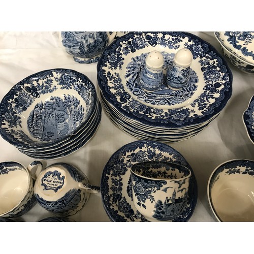 17 - Palissy Avon Scenes blue and white dinner and tea ware comprising of a meat plate 36cms d, 2 x turee... 