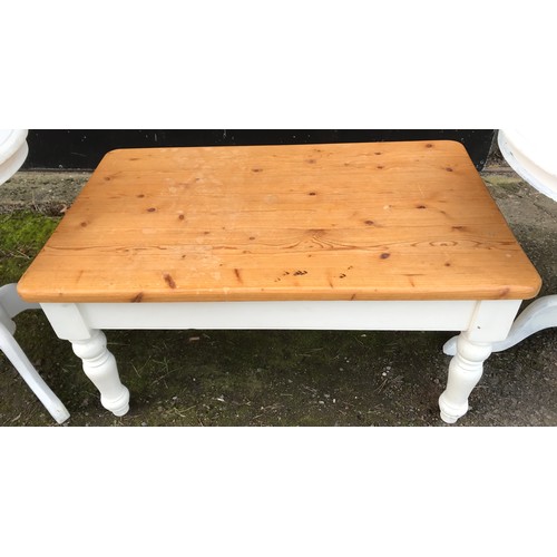 1297 - A pine coffee table with painted base. 91cm w x 55cm d x 46cm h, together with two painted circular ... 