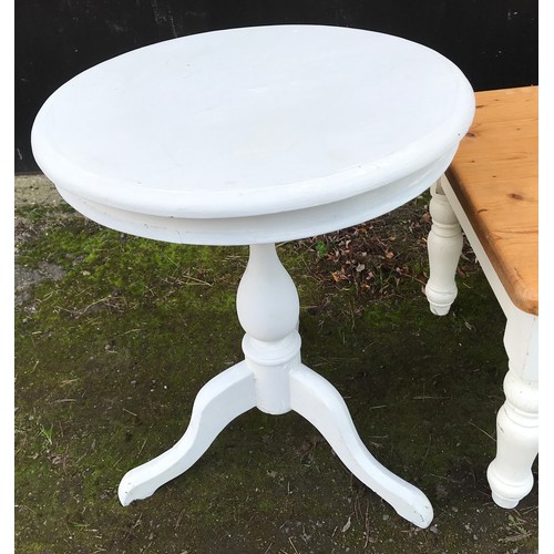 1297 - A pine coffee table with painted base. 91cm w x 55cm d x 46cm h, together with two painted circular ... 