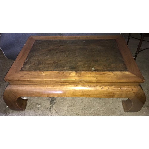 1298 - A Chinese hardwood coffee table with stone inlay top. 110cm w x 77cm d x 41cm h.