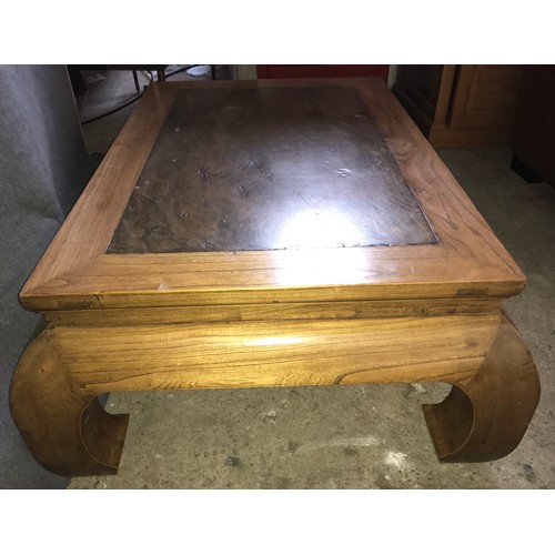 1298 - A Chinese hardwood coffee table with stone inlay top. 110cm w x 77cm d x 41cm h.