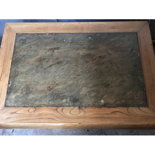 1298 - A Chinese hardwood coffee table with stone inlay top. 110cm w x 77cm d x 41cm h.